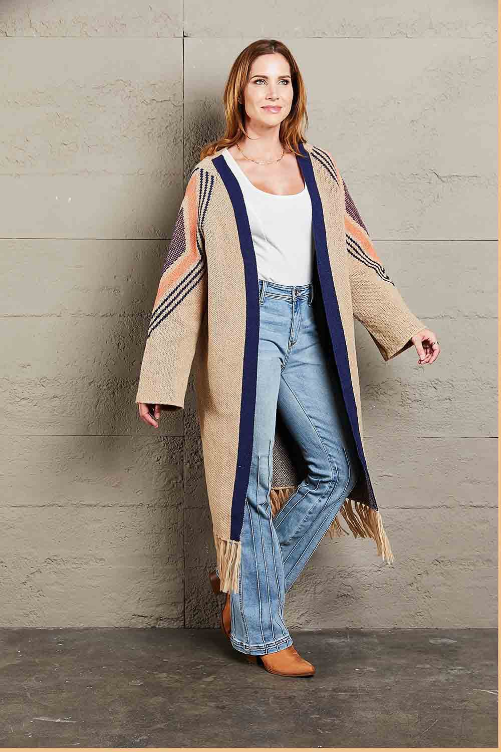 Geometric Fringe Hem Open Front Duster Cardigan.