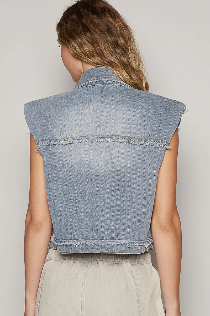 POL Assymetrical Front Closure Raw Hem Denim Vest Simply Love