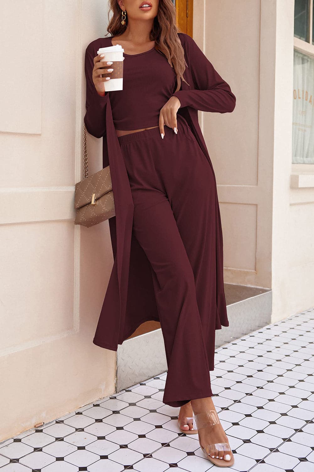 Three-piece drawstring tank, long sleeve cover-up, and pants ensemble