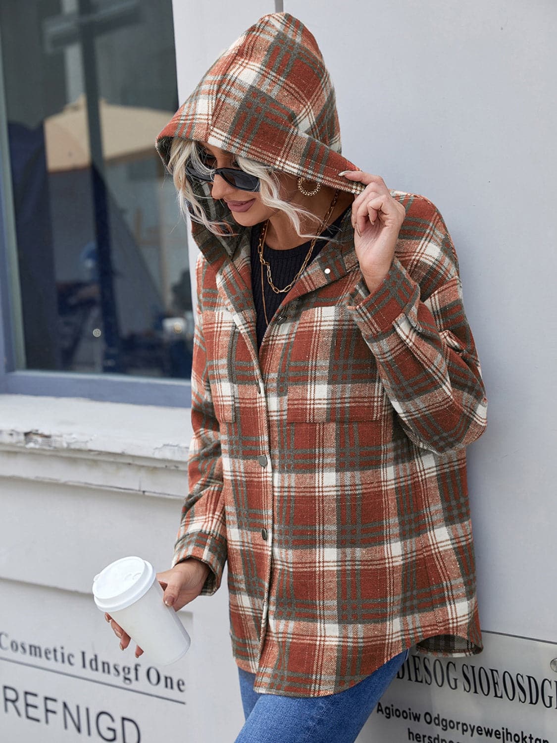 Plaid Button Up Long Sleeve Hooded Jacket.