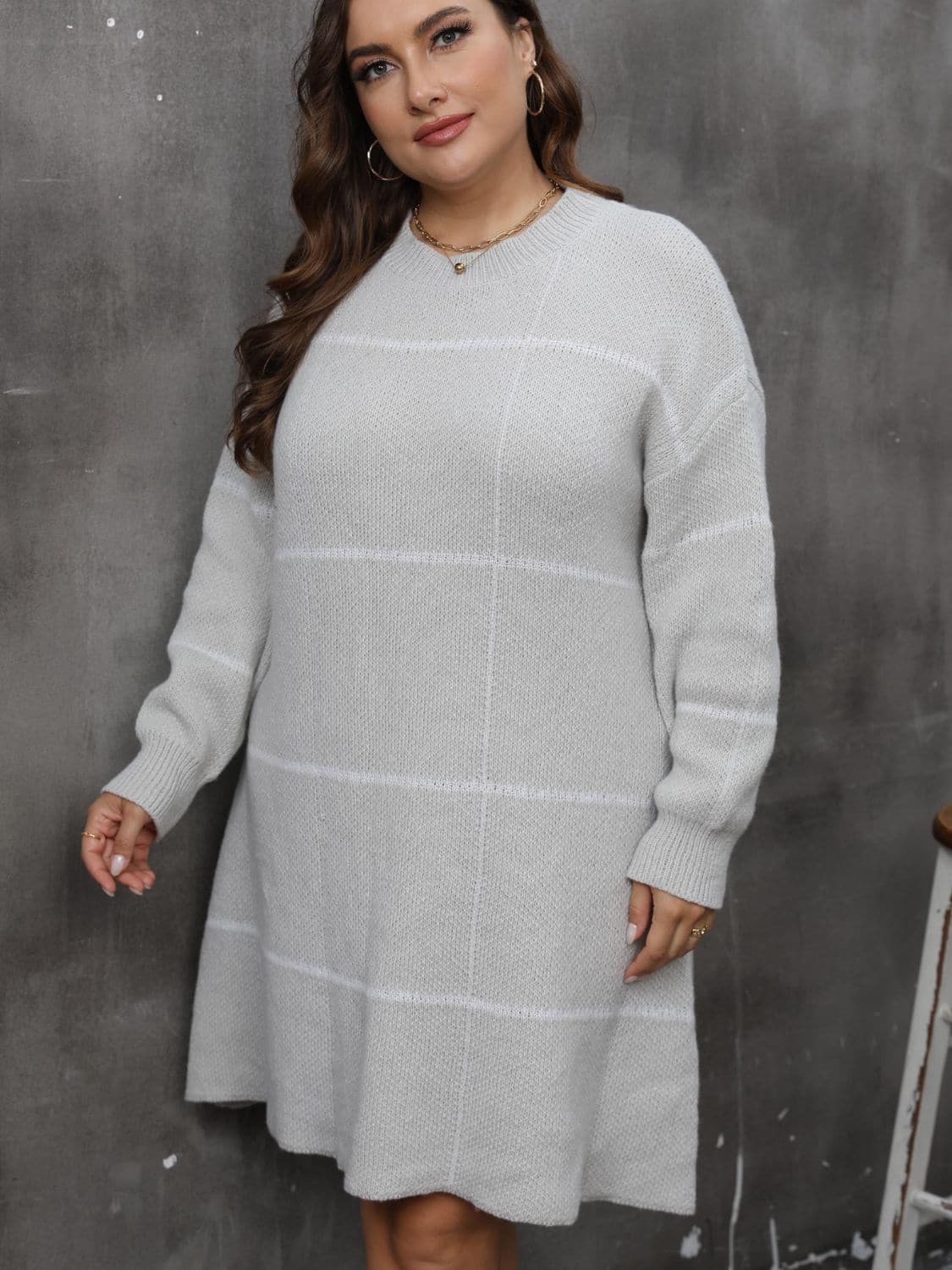 Chic Plus Size Long Sleeve Sweater Dress with Round Neck