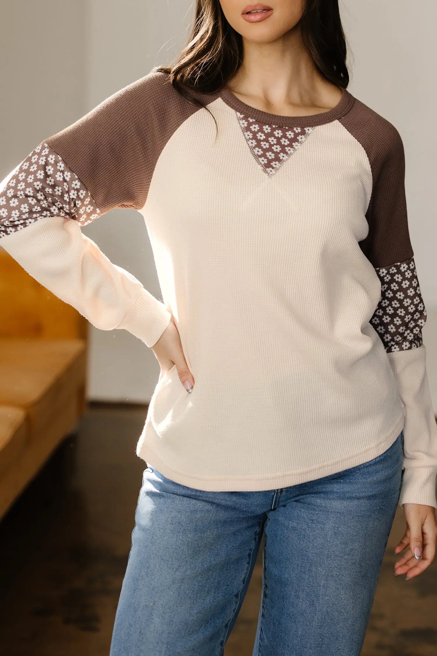 Dear-Lover Brown Floral Top Women's Fall Fashion Patchwork Long Sleeve Southern Belle Style Dear-Lover Dropshipping