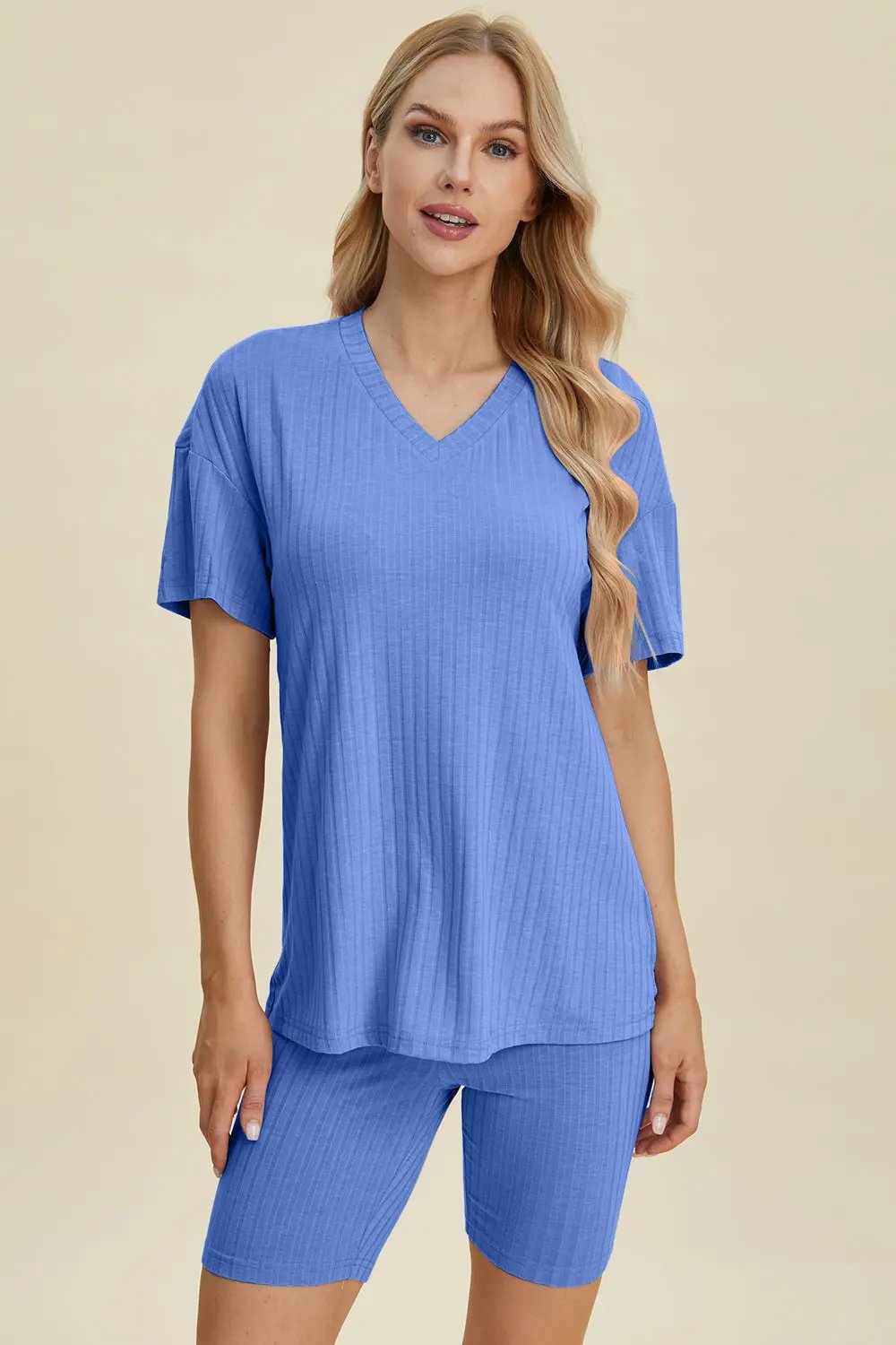 Basic Bae Full Size Ribbed V-Neck Short Sleeve Top and Shorts Set - Love Salve