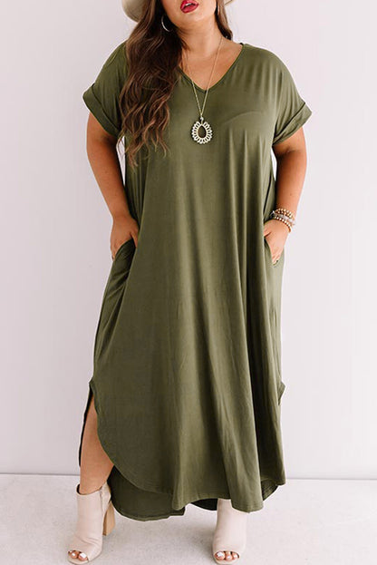 Vibrant Green Plus Size V-Neck Maxi Dress with Rolled Cuffs and Pockets