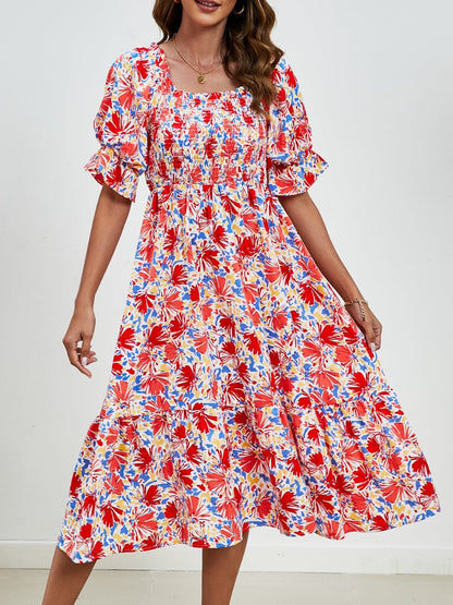 Smocked Floral Square Neck Short Sleeve Dress.