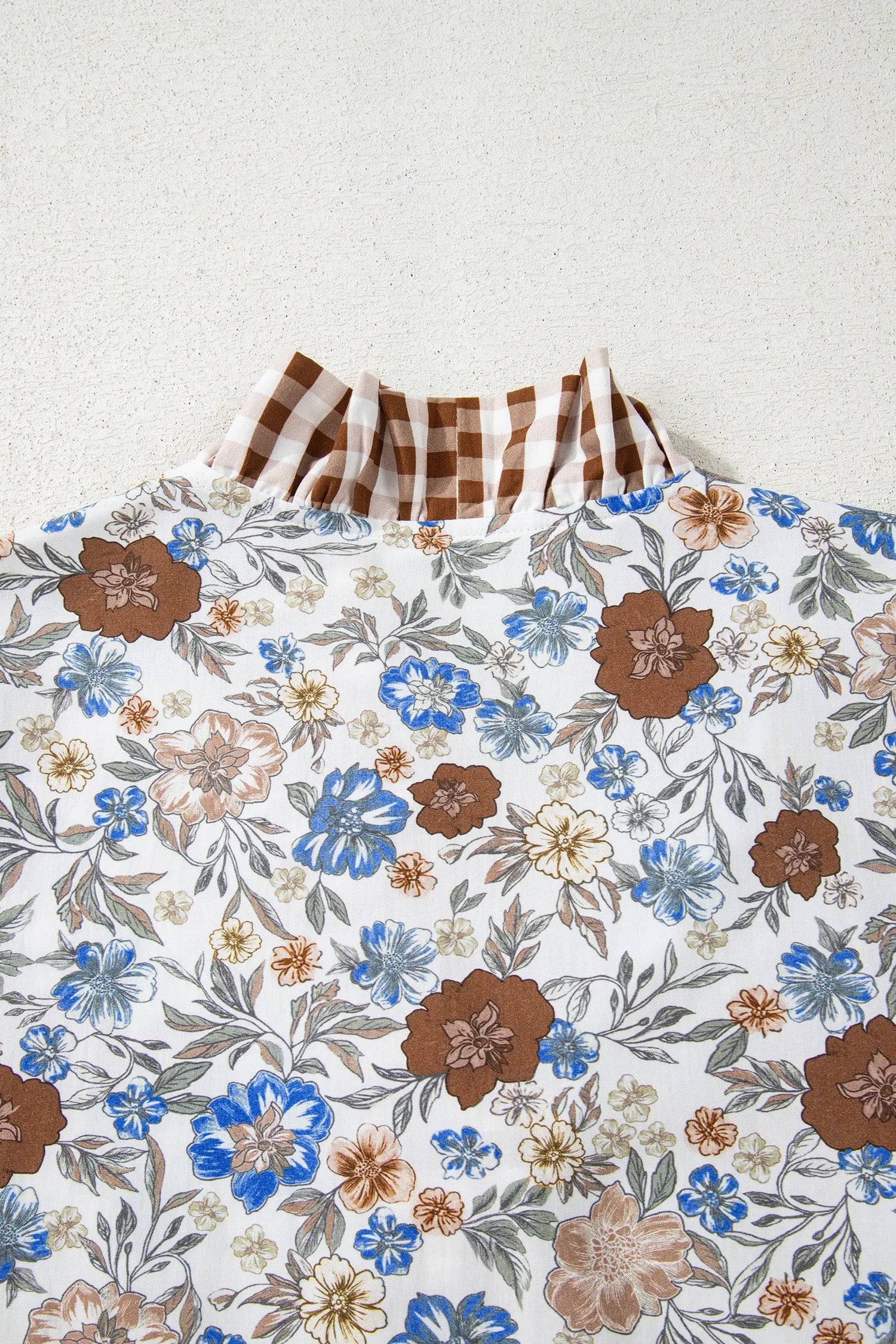 Brown Plaid Frilled Trim V Neck Floral Long Sleeve Blouse Dear-Lover Dropshipping