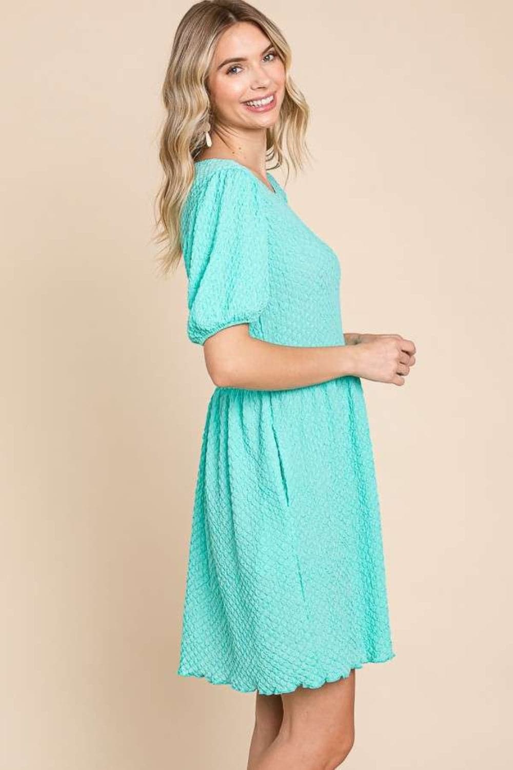 Culture Code Full Size Textured Round Neck Puff Sleeve Dress.