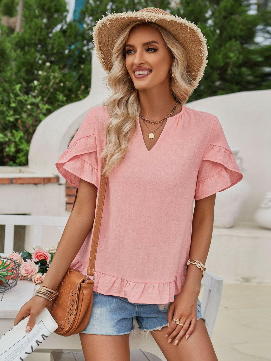 Ruffled Notched Petal Sleeve Blouse.