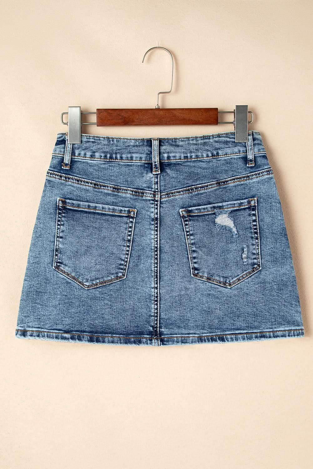 Dusk Blue Distressed Denim Mini Skirt with Rhinestone Accents