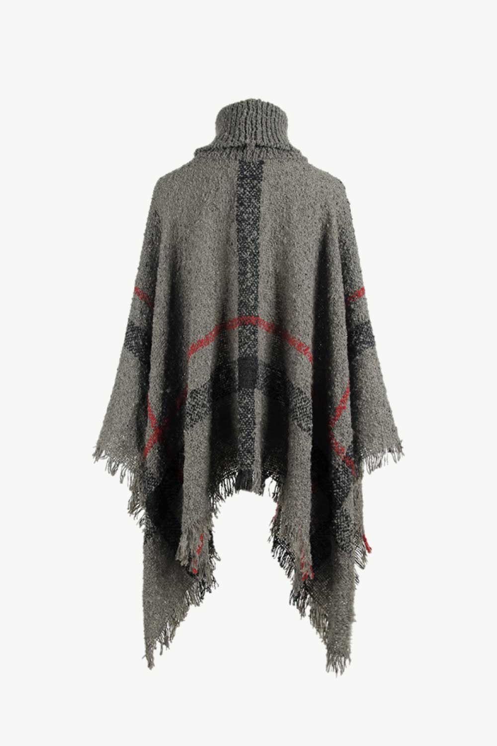 Plaid Turtleneck Raw Hem Poncho.