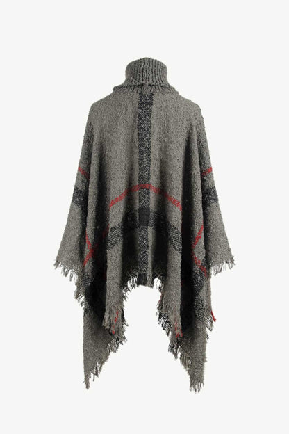 Plaid Turtleneck Raw Hem Poncho.