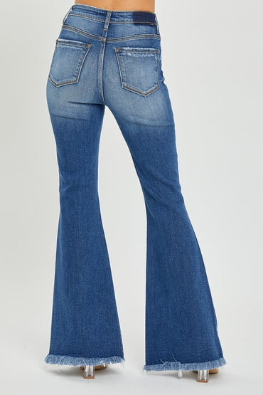 RISEN Full Size High Rise Front Slit Frayed Hem Flare Jeans.