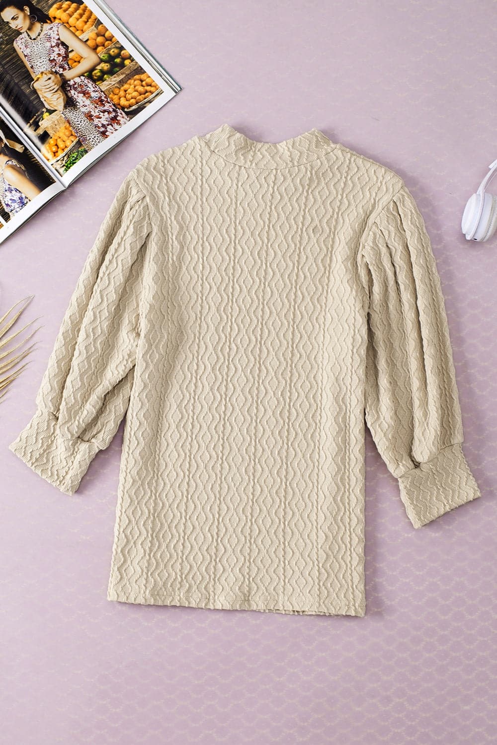 Textured Mock Neck Three-Quarter Sleeve Top.