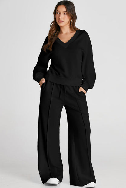 V-Neck Long Sleeve Top and Pants Active Set.