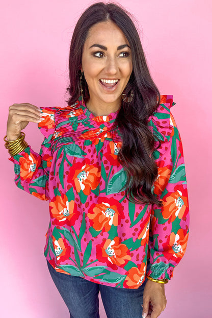 Chic plus size rose floral pleated blouse with ruffled neckline