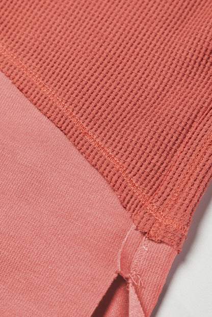 Giselle Exposed Seam Slit Neck Waffle Knit Patchwork Top - Love Salve 