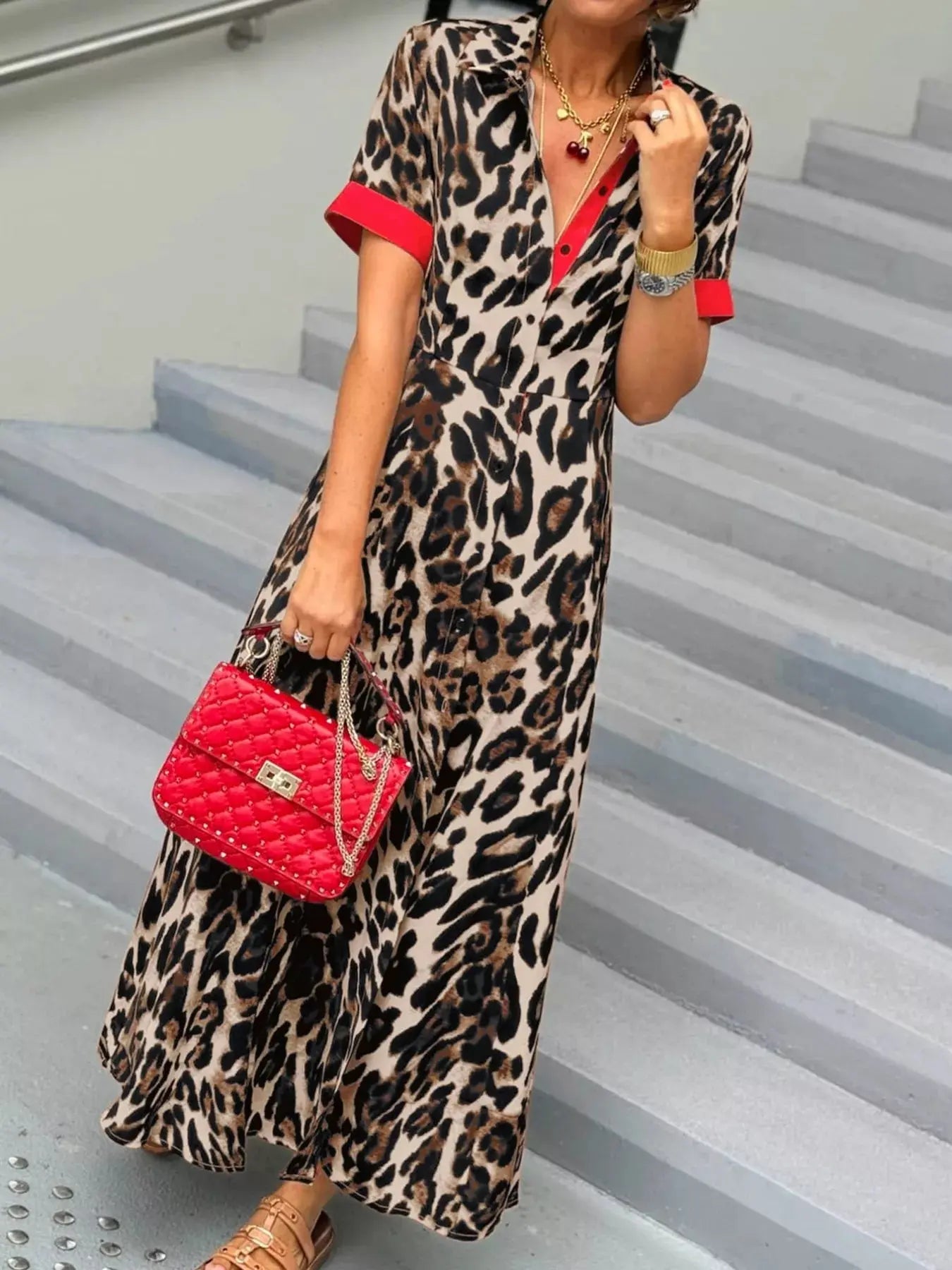 Leopard Print Button-Down Dress with Contrast Trim Simply Love