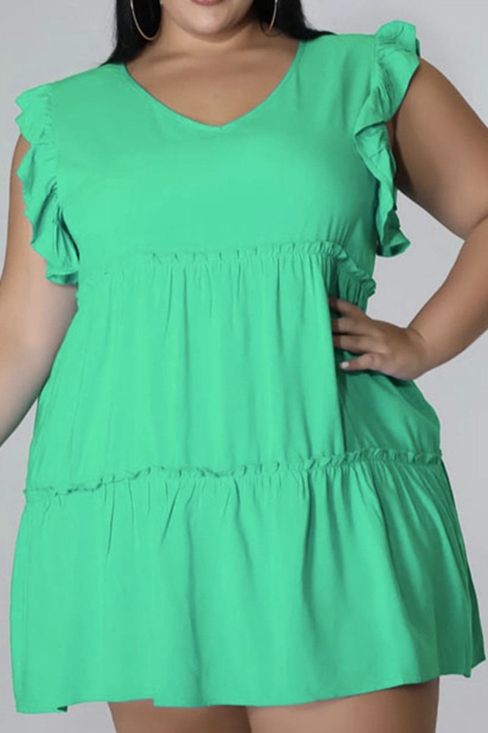 Plus Size V-Neck Frill Trim Mini Dress.