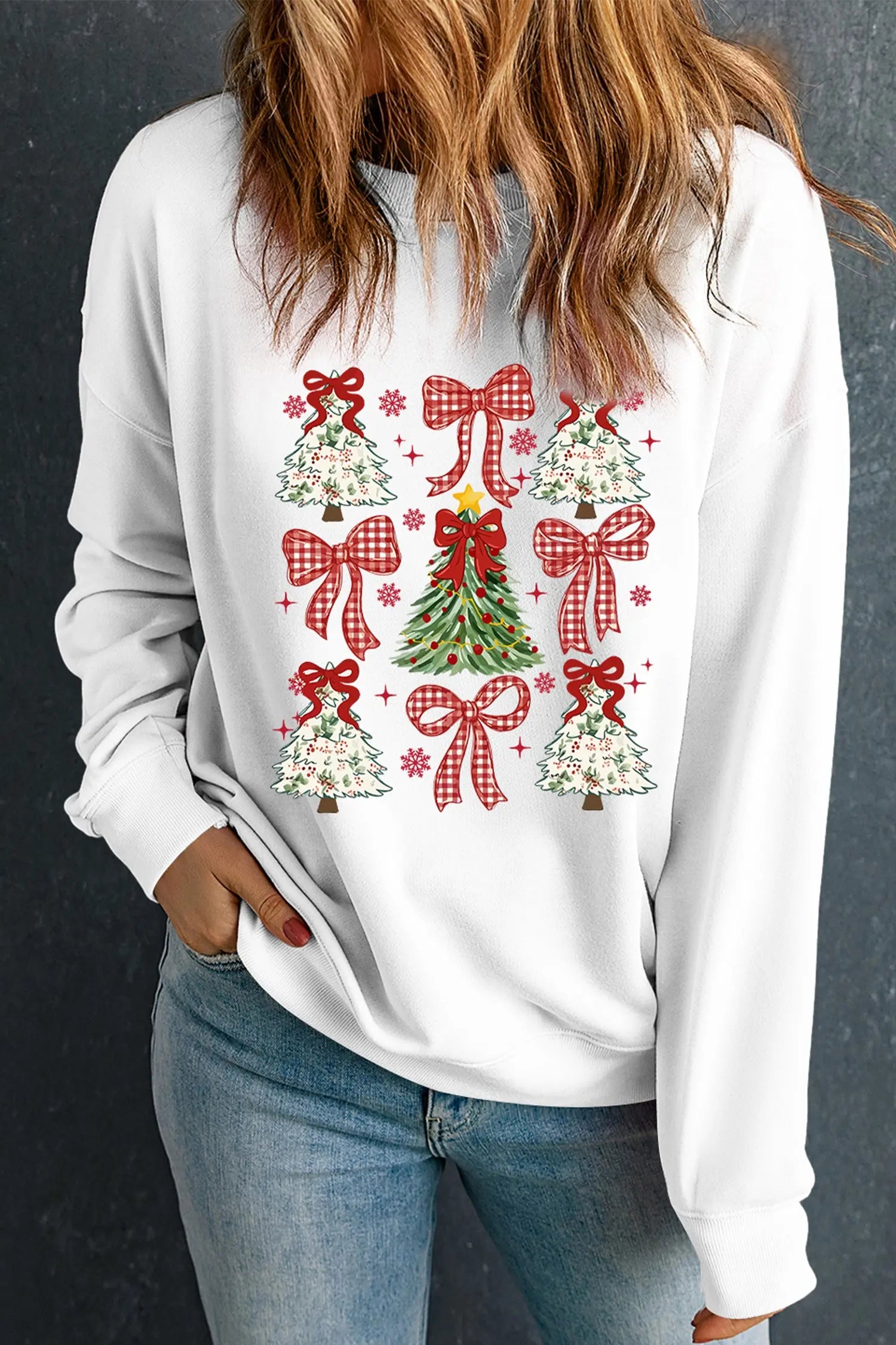 White Christmas Tree Ribbon Bow Printed Drop Shoulder Sweatshirt Dear-Lover Dropshipping