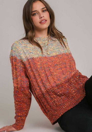 Cable-Knit Color Block Round Neck Long Sleeve Sweater - Love Salve 