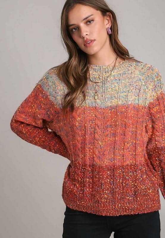 Cable-Knit Color Block Round Neck Long Sleeve Sweater - Love Salve 