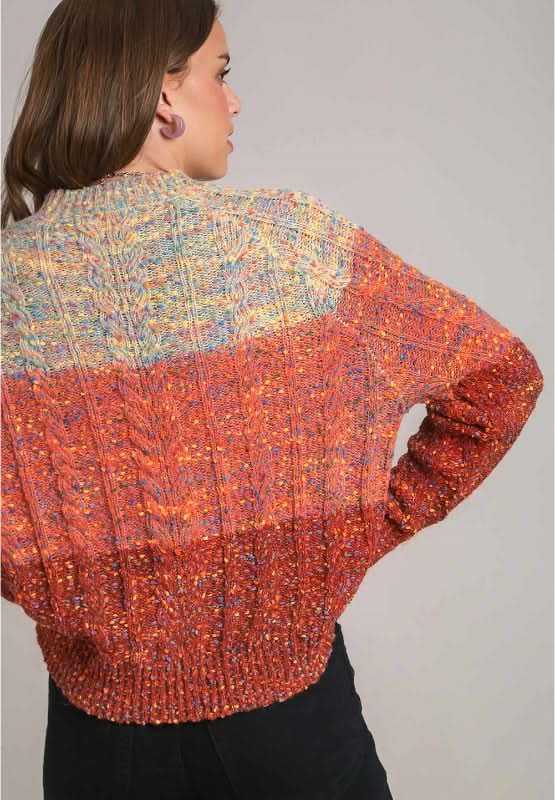 Cable-Knit Color Block Round Neck Long Sleeve Sweater - Love Salve 