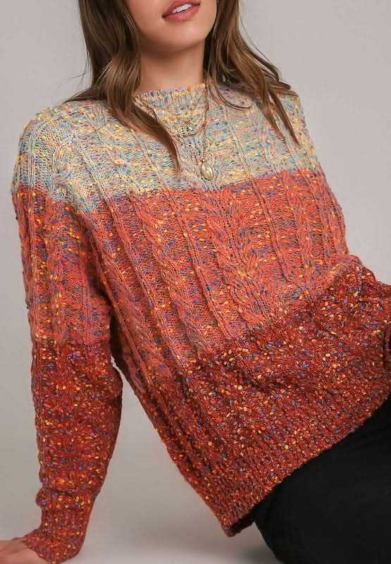 Cable-Knit Color Block Round Neck Long Sleeve Sweater - Love Salve 