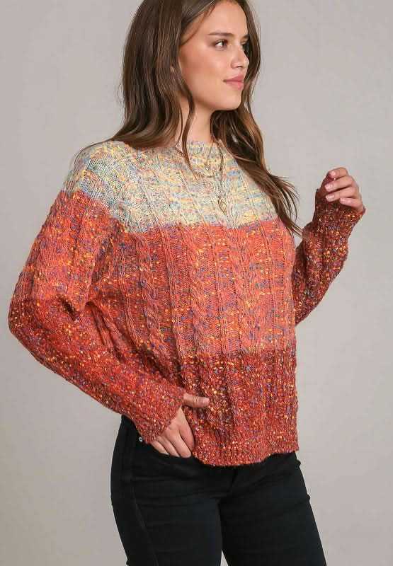 Cable-Knit Color Block Round Neck Long Sleeve Sweater - Love Salve 