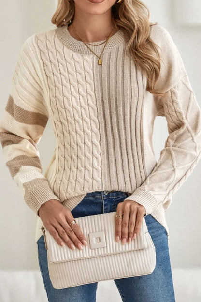 Cable - Knit Color Block Round Neck Sweater - Love Salve