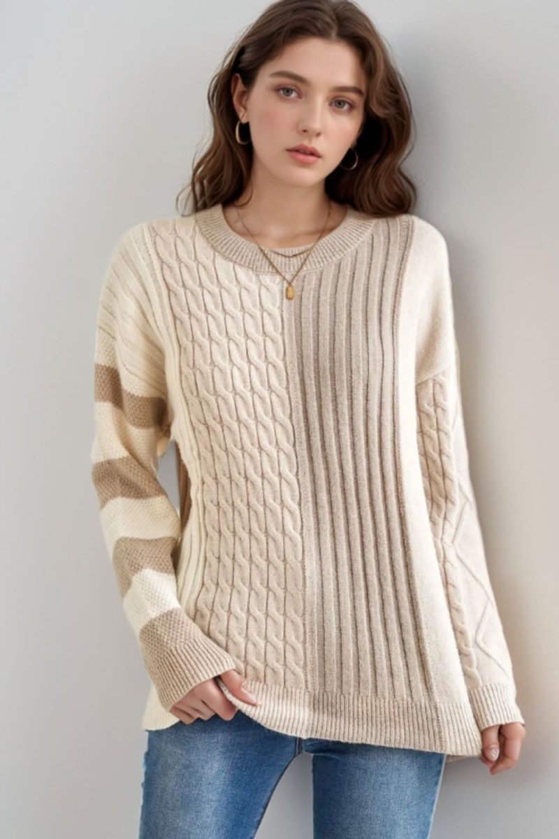Cable - Knit Color Block Round Neck Sweater - Love Salve