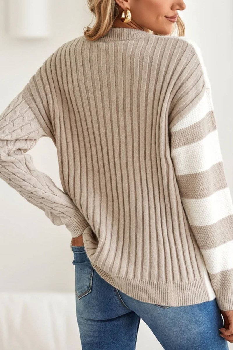 Cable-Knit Color Block Round Neck Sweater - Love Salve 