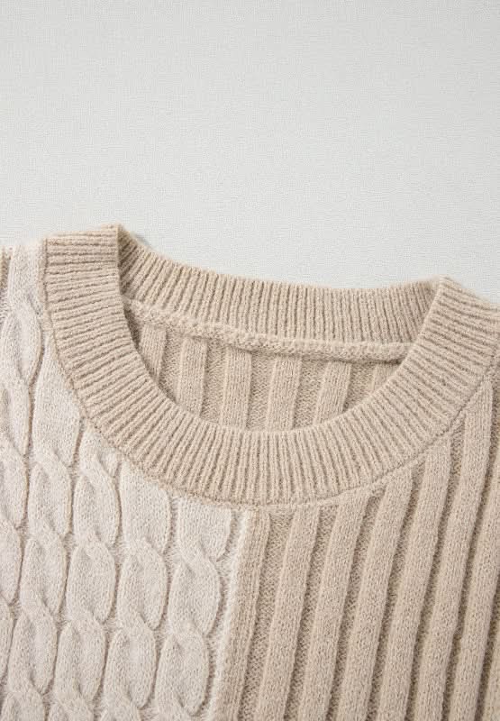 Cable-Knit Color Block Round Neck Sweater - Love Salve 