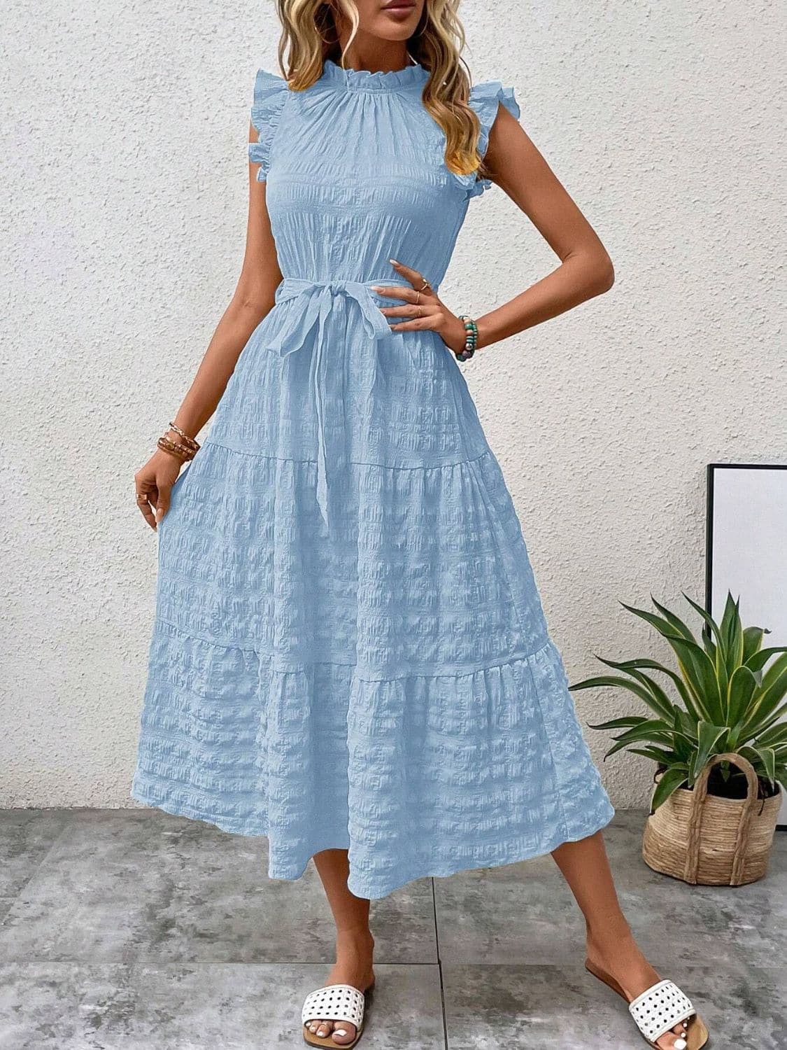 Tied Ruffled Cap Sleeve Midi Dress.