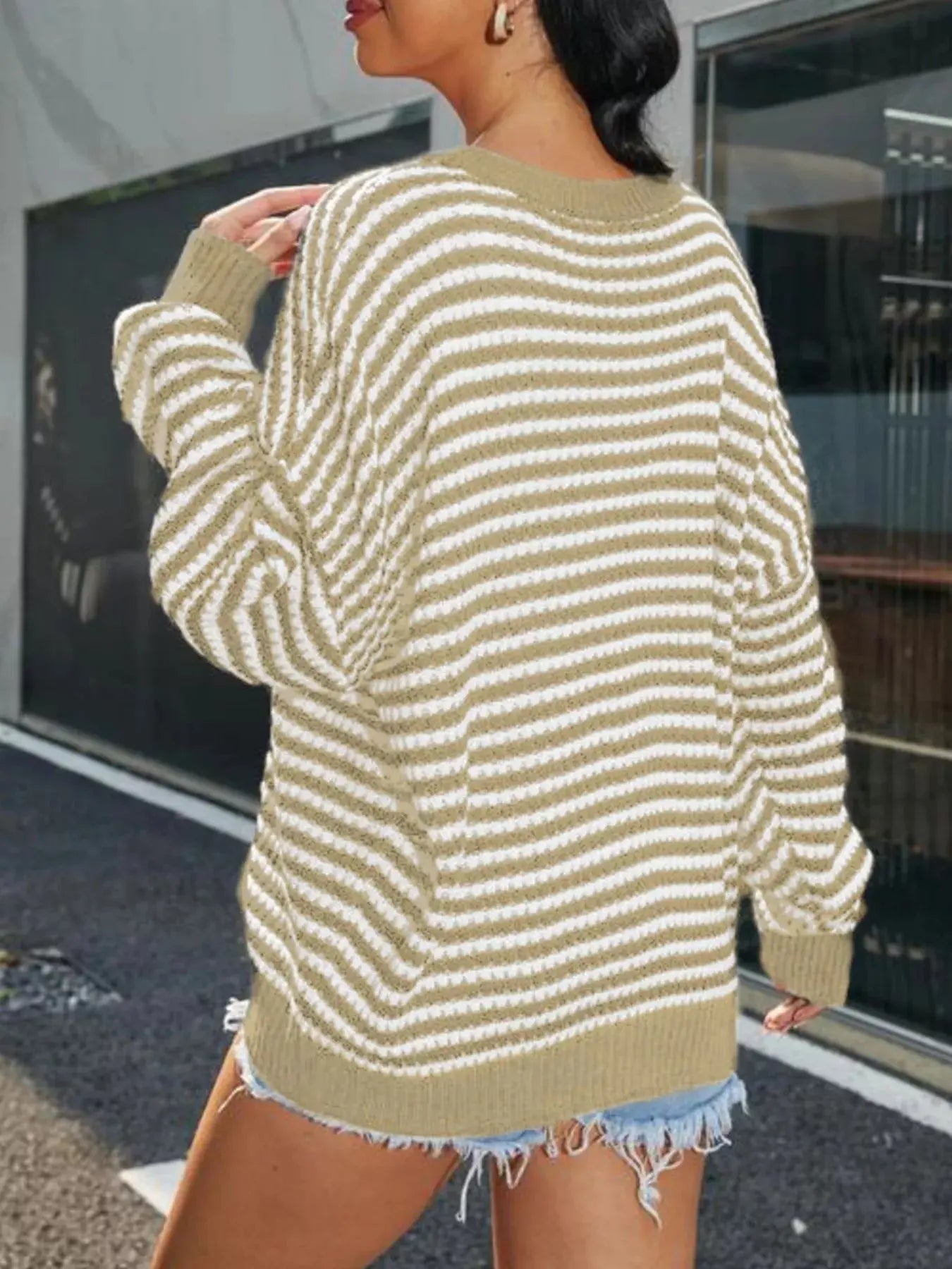 Striped Round Neck Drop Shoulder Sweater Simply Love