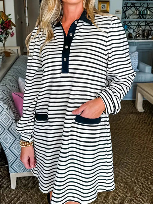 Stripe Buttoned Front Collared Long Sleeve T Shirt Dress with Pockets Simply Love