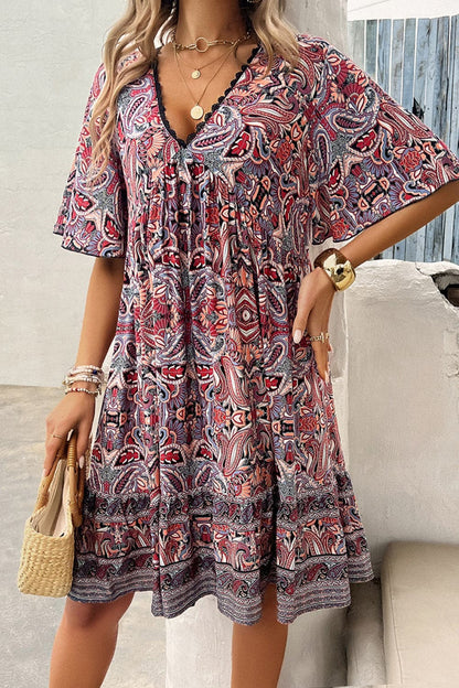 Printed V-Neck Half Sleeve Mini Dress.