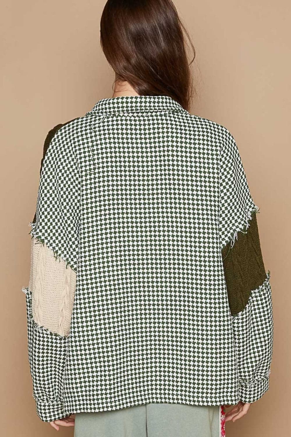 Houndstooth cable knit pocket shacket with contrast detailing