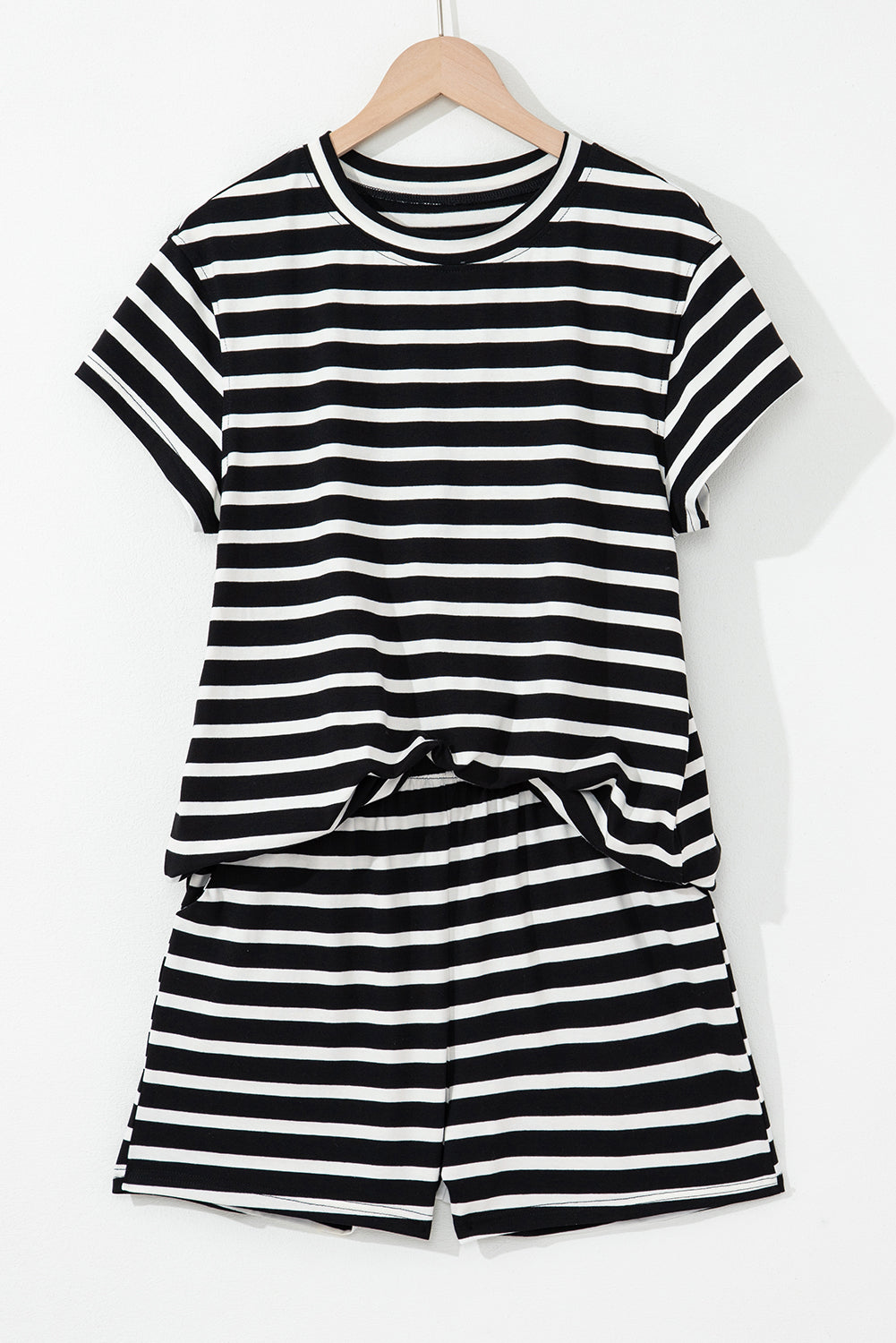 Black White Striped Short Sleeve Top and Shorts Set for Women