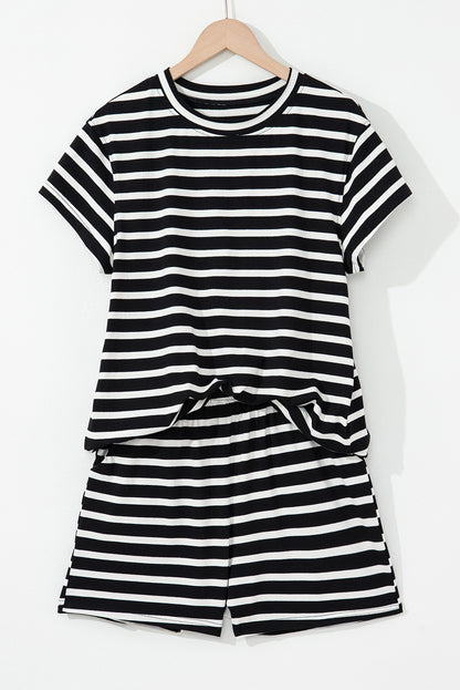 Black White Striped Short Sleeve Top and Shorts Set for Women