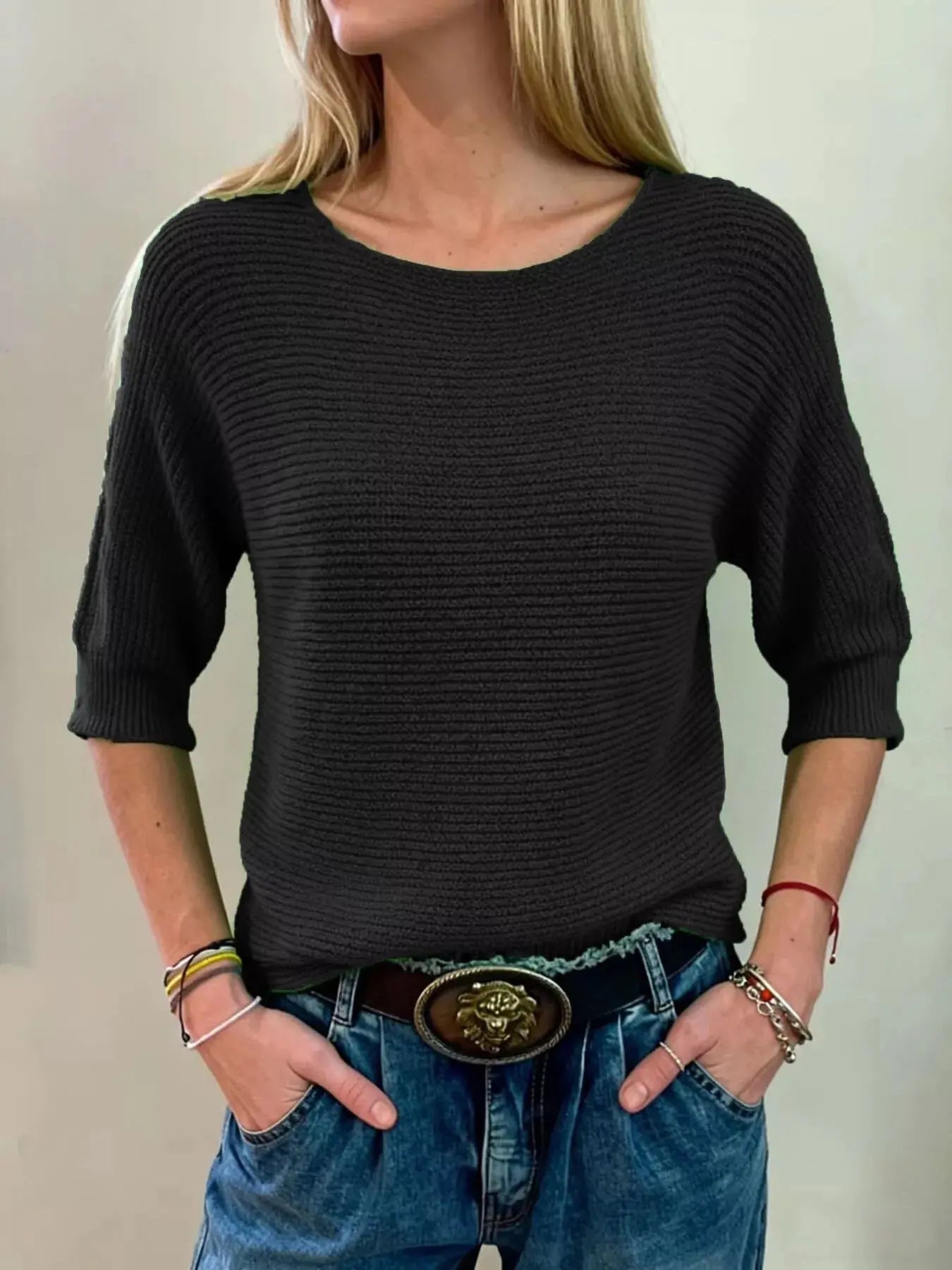 Full Size Ribbed Knit Round Neck Sweater Plus Size Simply Love