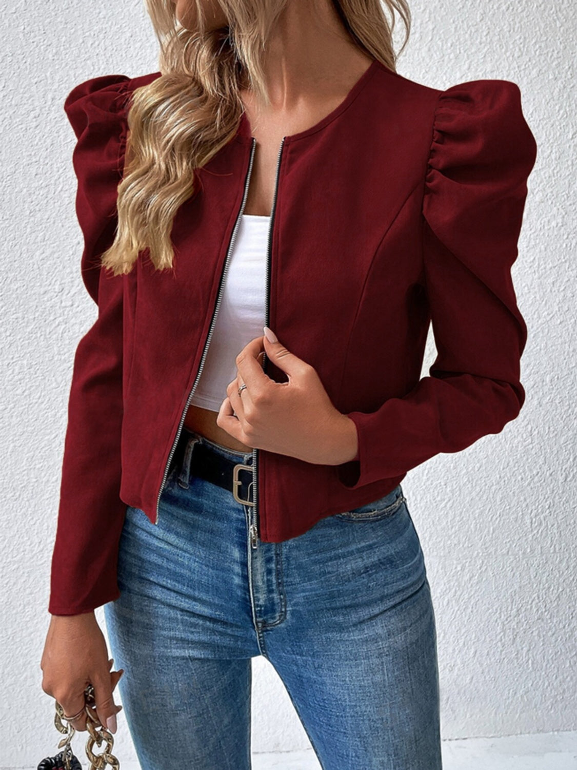 Chic puff sleeve zip jacket