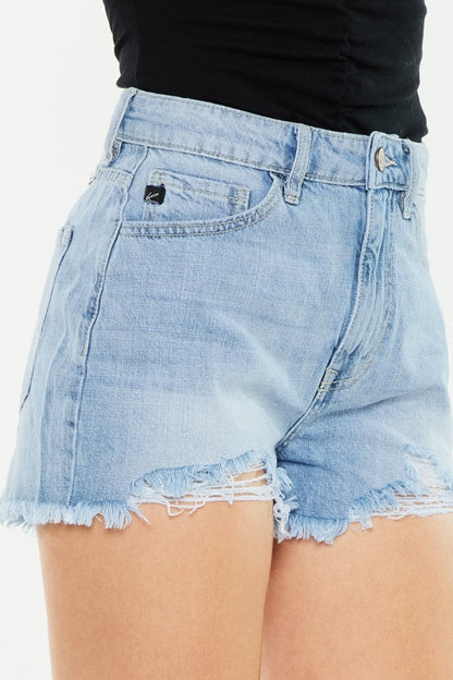 Kancan Raw Hem Distressed High Waist Denim Shorts.