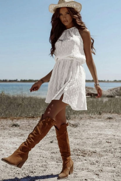 Elegant White Lace Mini Dress with Sleeveless Design and Back Knot Detail