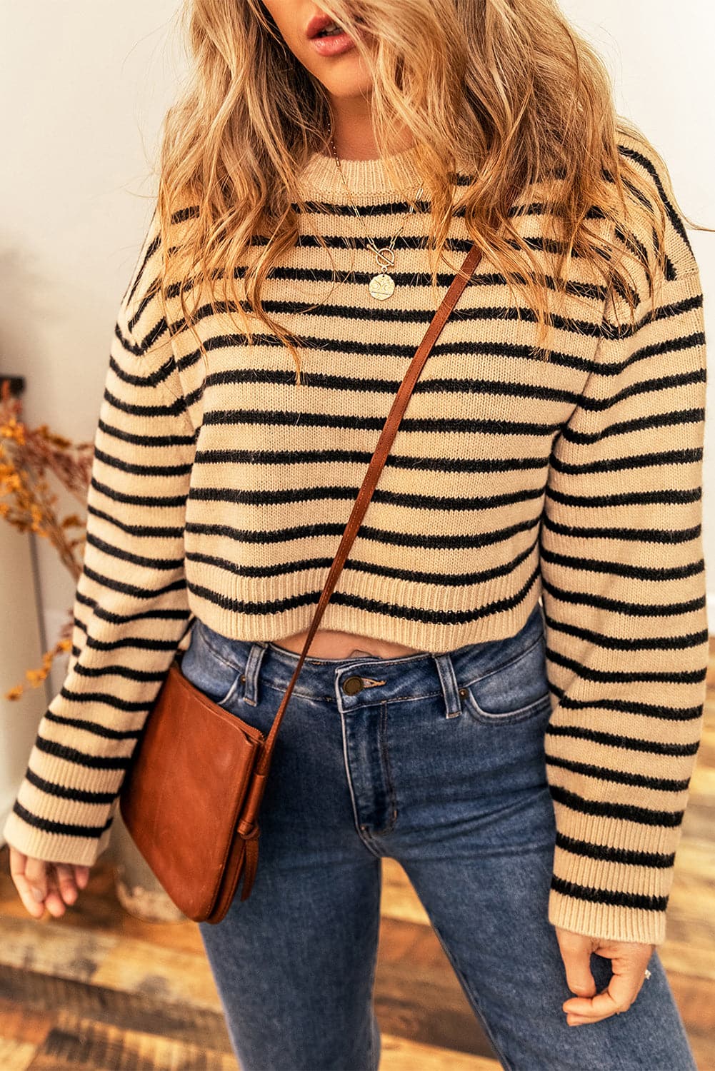 Striped Round Neck Long Sleeve Cropped Sweater.