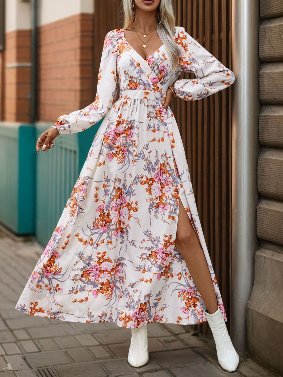 Slit Printed Surplice Long Sleeve Maxi Dress.