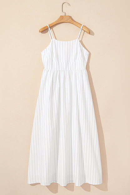 Beige Striped Spaghetti Strap High Waist Maxi Dress with Pockets