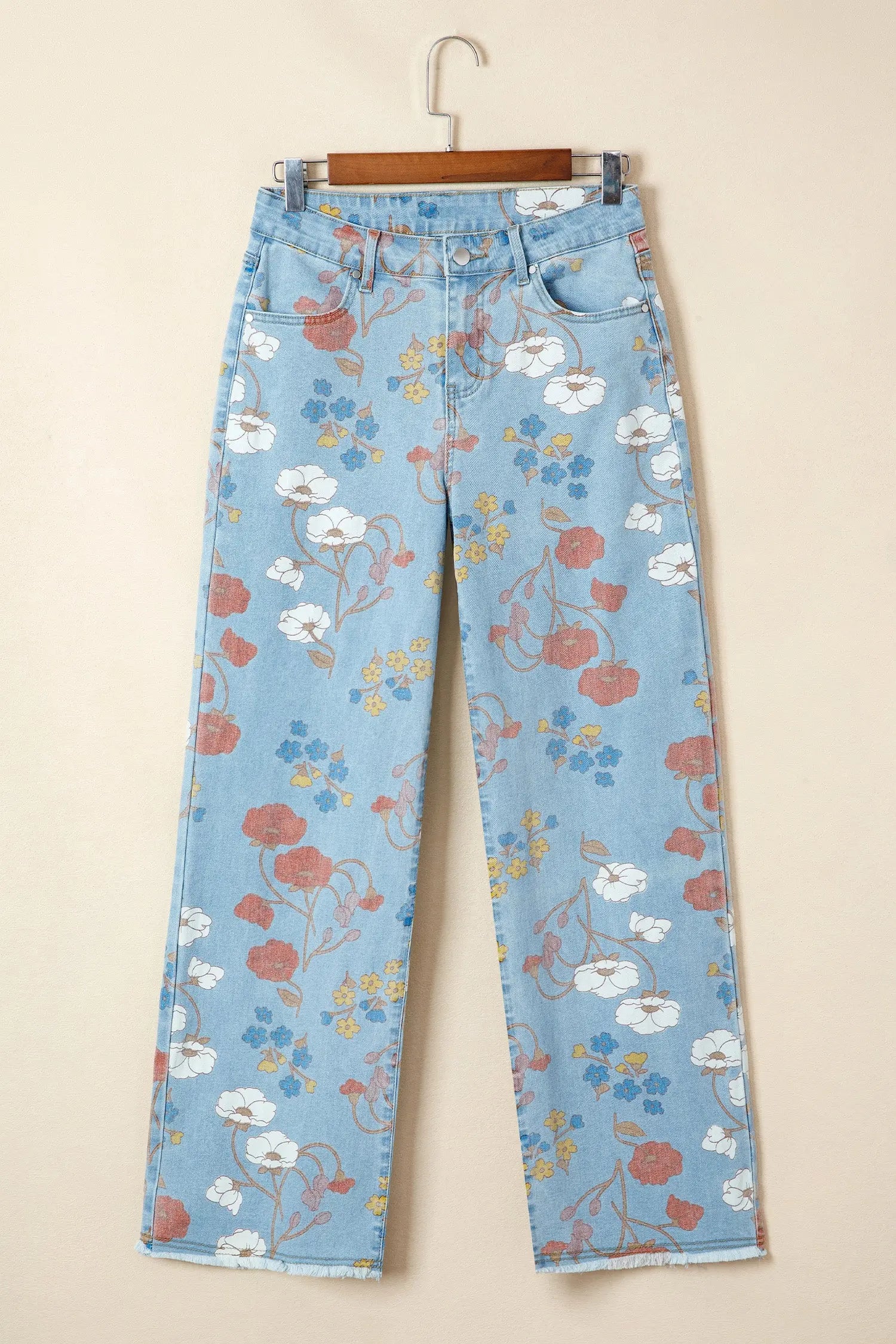 Sky Blue Floral Printed Raw Hem Shift Jeans for Women Dear-Lover Dropshipping