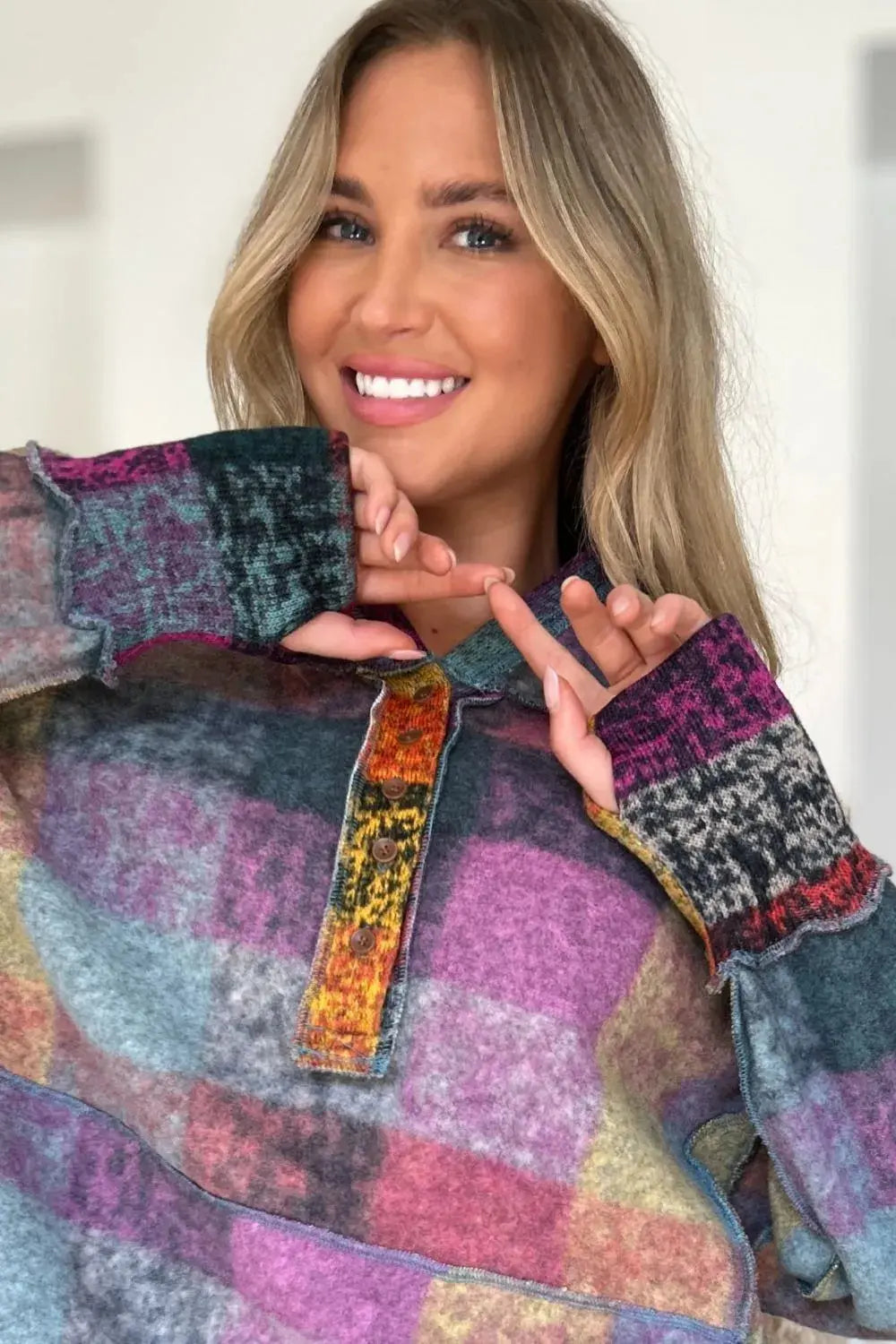 Double Take Full Size Plaid Dropped Shoulder Fleece Hoodie - Love Salve