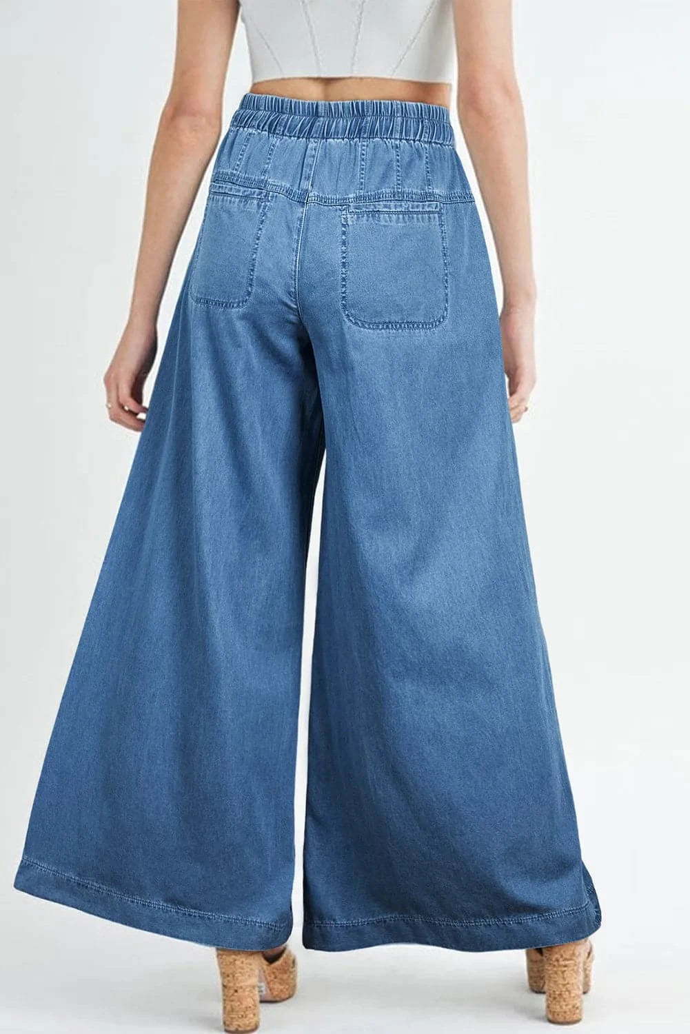 Drawstring Elastic Waist Wide Leg Jeans.