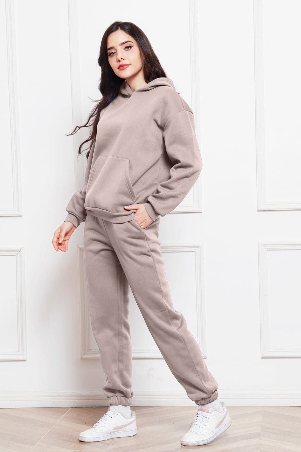 Drop Shoulder Long Sleeve Hoodie and Pants Set.